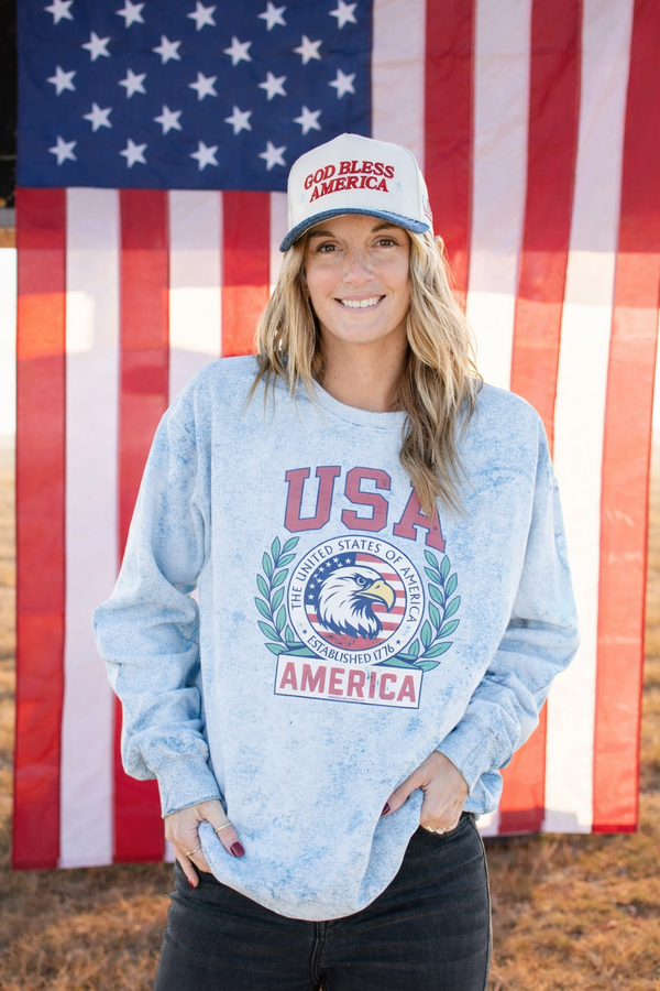 Patriotic 'USA' Red Seal Colorblast Crewneck – American Farm Company Patriotic 'USA' Red Seal Colorblast Crewneck – American Farm Company