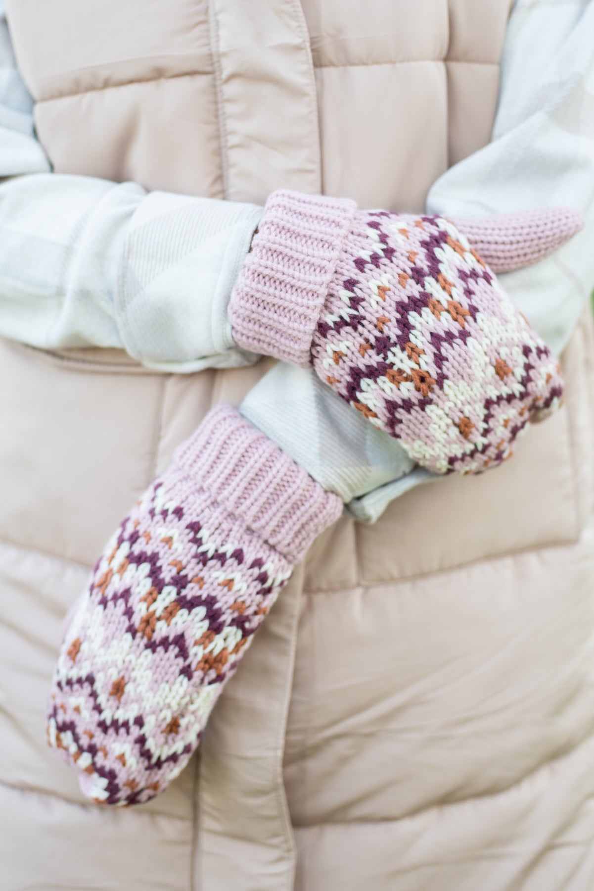 Pink, Ivory & Rust Patterned Mittens