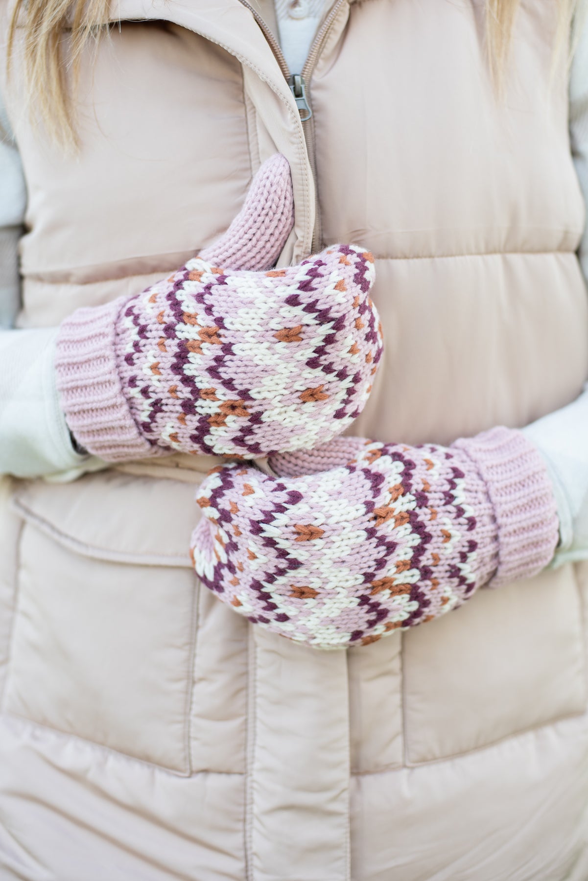 Pink, Ivory & Rust Patterned Mittens