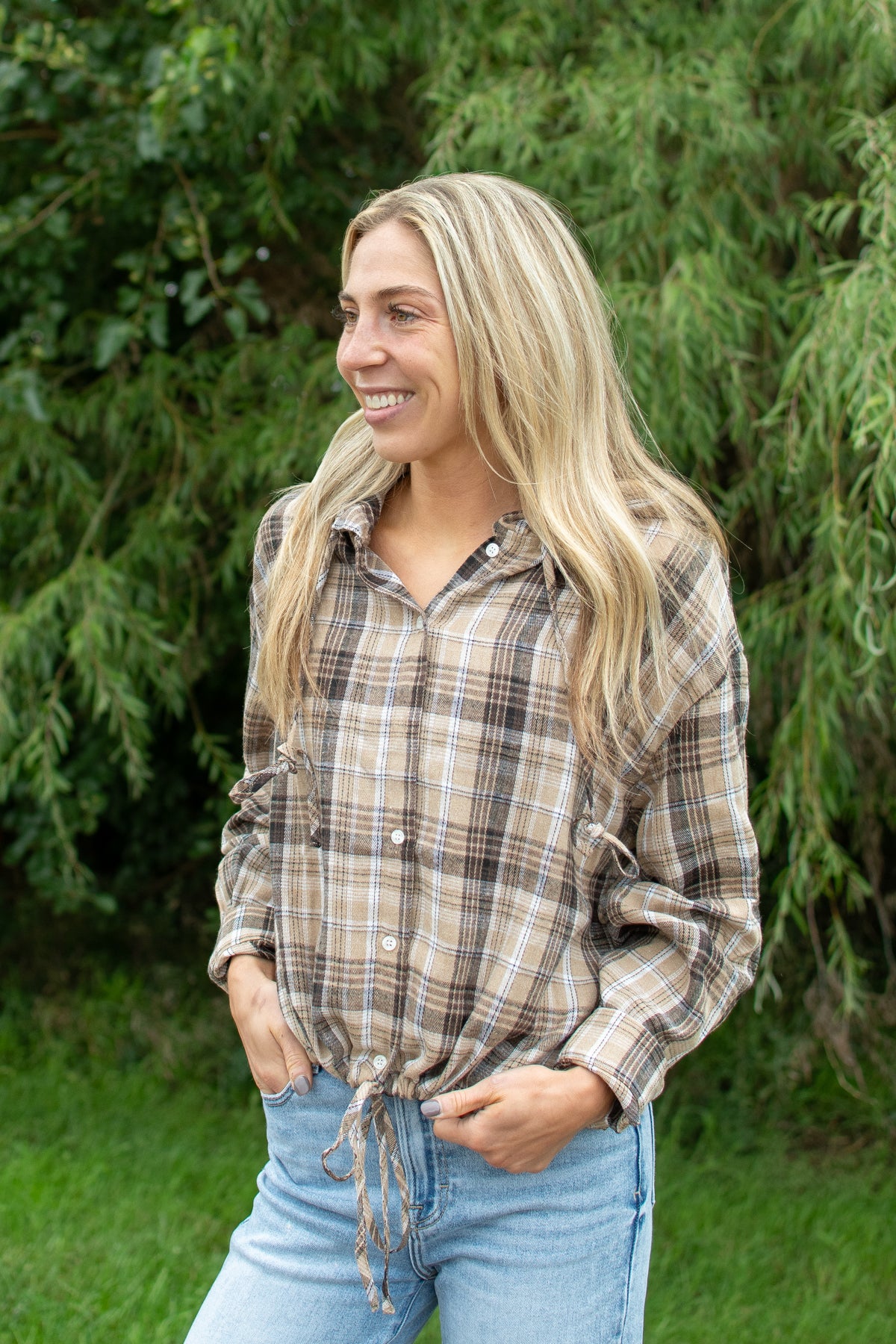 Plaid Flannel Hooded Shacket with Drawstring Hem
