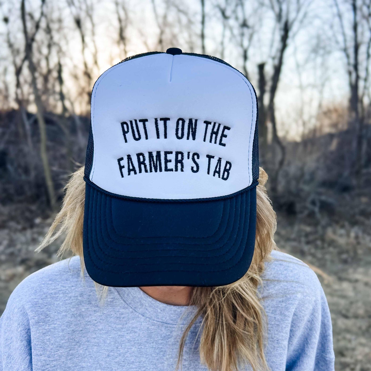 'Put It On The Farmer's Tab' Foam Trucker Hat - Black/White - American Farm Company