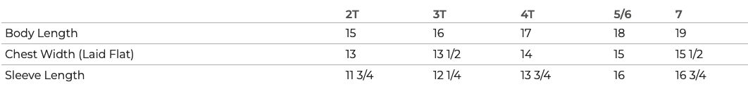 Size chart for Rabbit Skins toddler crewneck, showing body, chest, and sleeve measurements for 2T to 7T, supporting American Farm Company rural apparel selection.