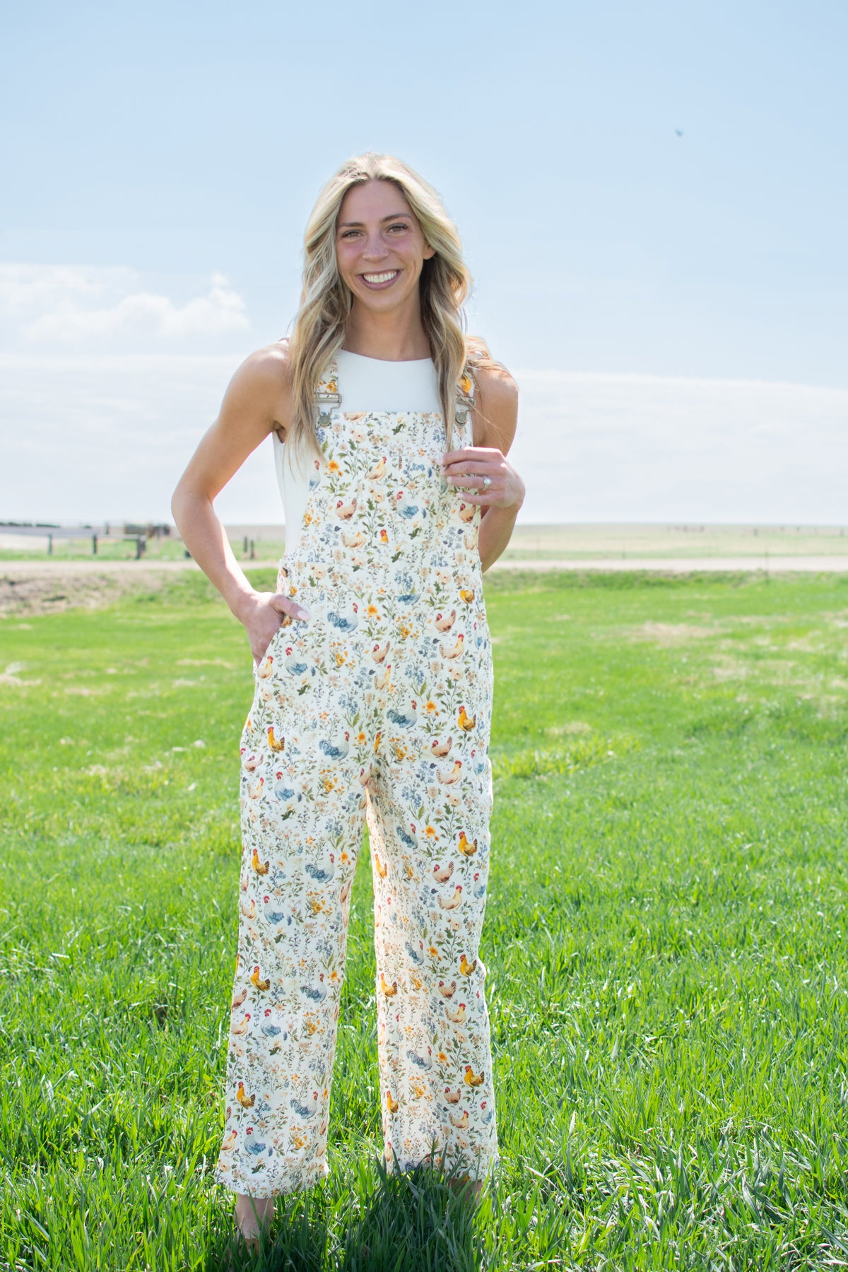Rooster & Floral Print Overalls