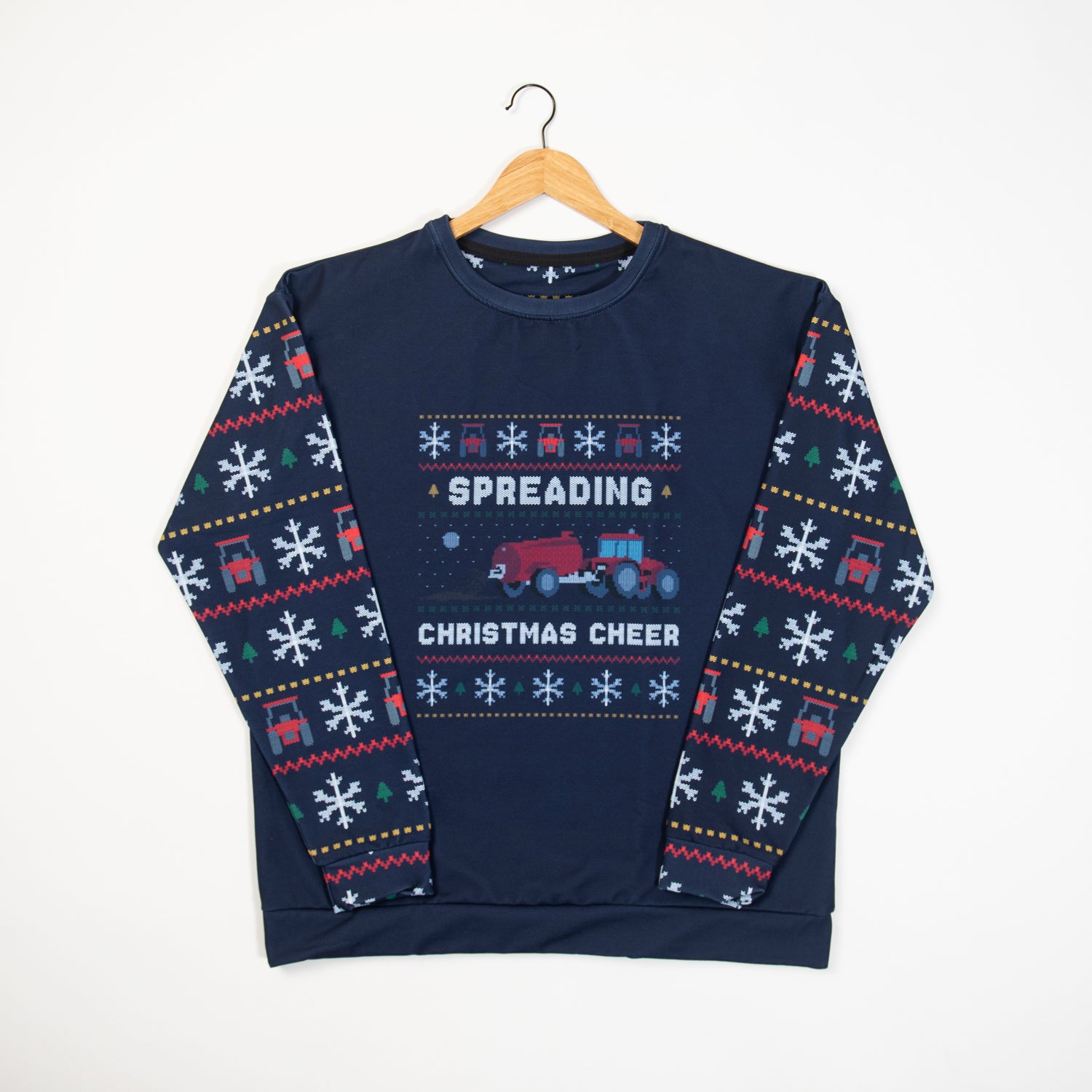 Spreading Christmas Cheer Red Tractor Ugly Christmas Sweater Navy Crewneck American Farm Company