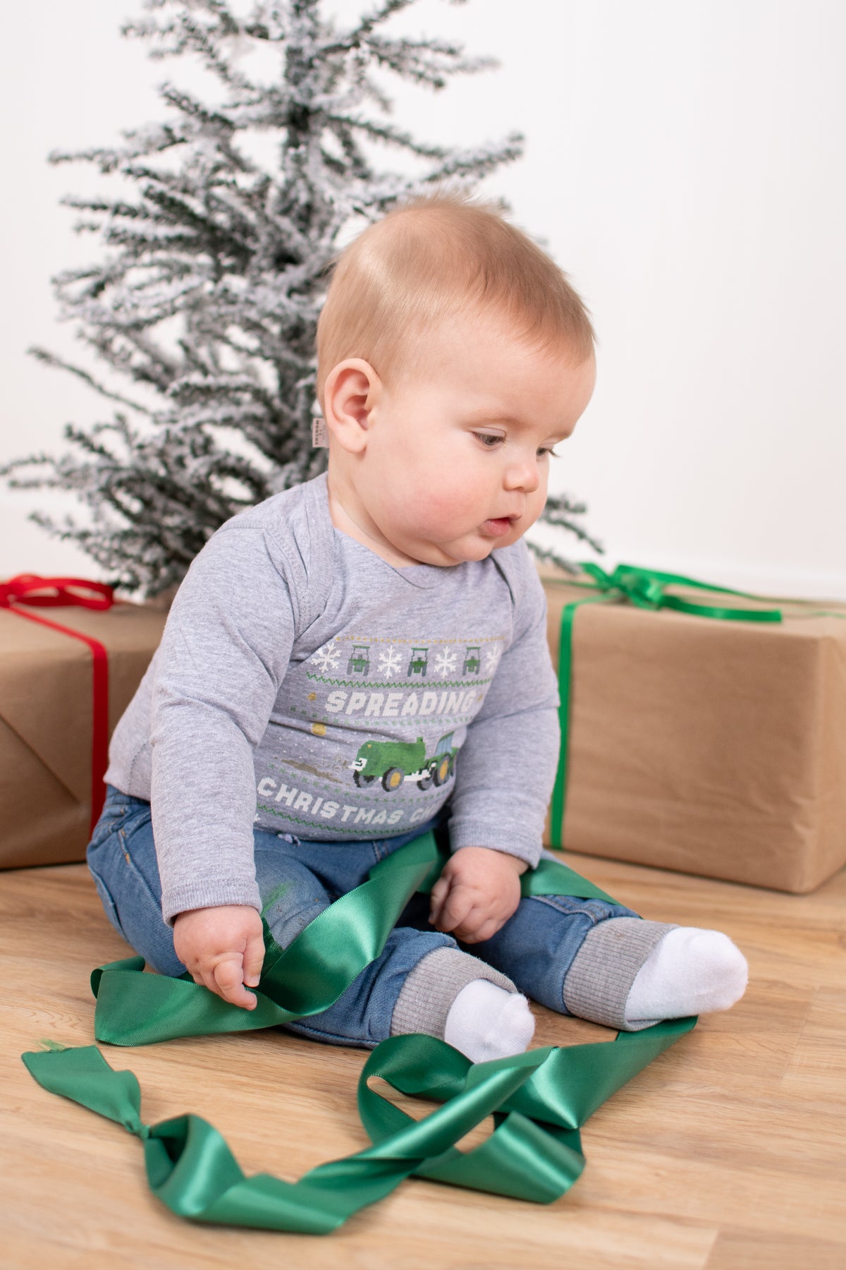 'Spreading Christmas Cheer' Green Tractor Baby Onesie