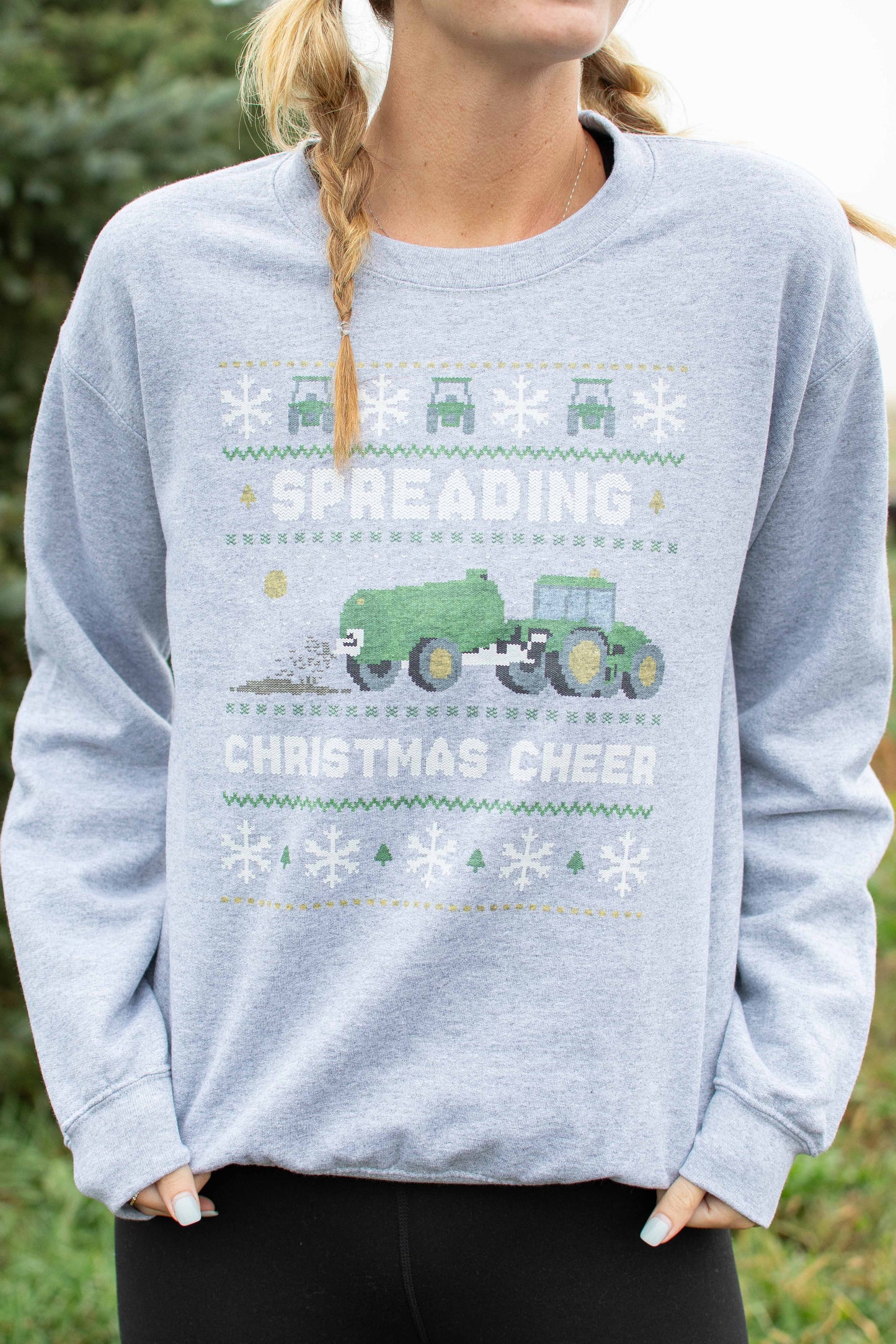 'Spreading Christmas Cheer' Green Tractor Crewneck