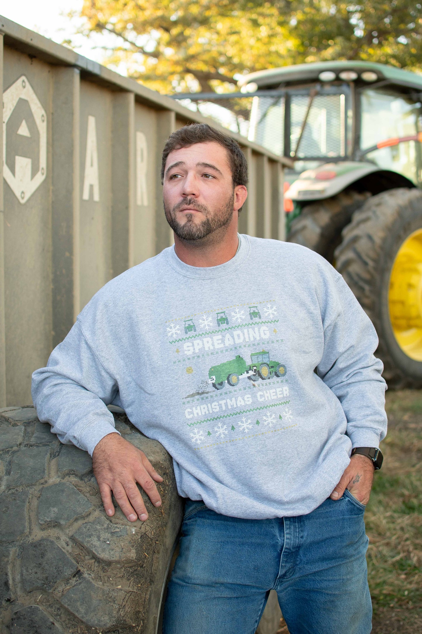 'Spreading Christmas Cheer' Green Tractor Crewneck