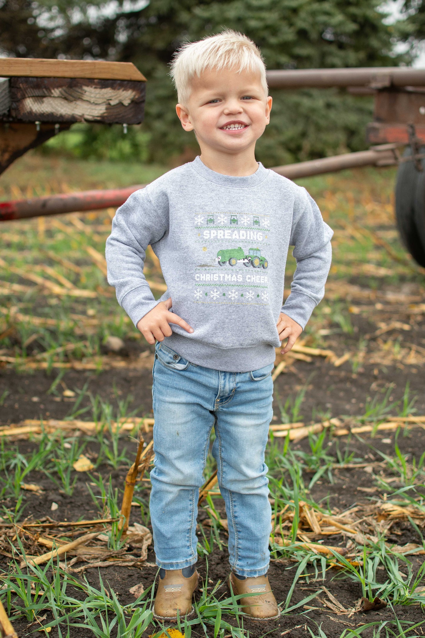 'Spreading Christmas Cheer' Green Tractor Toddler/Youth Crewneck