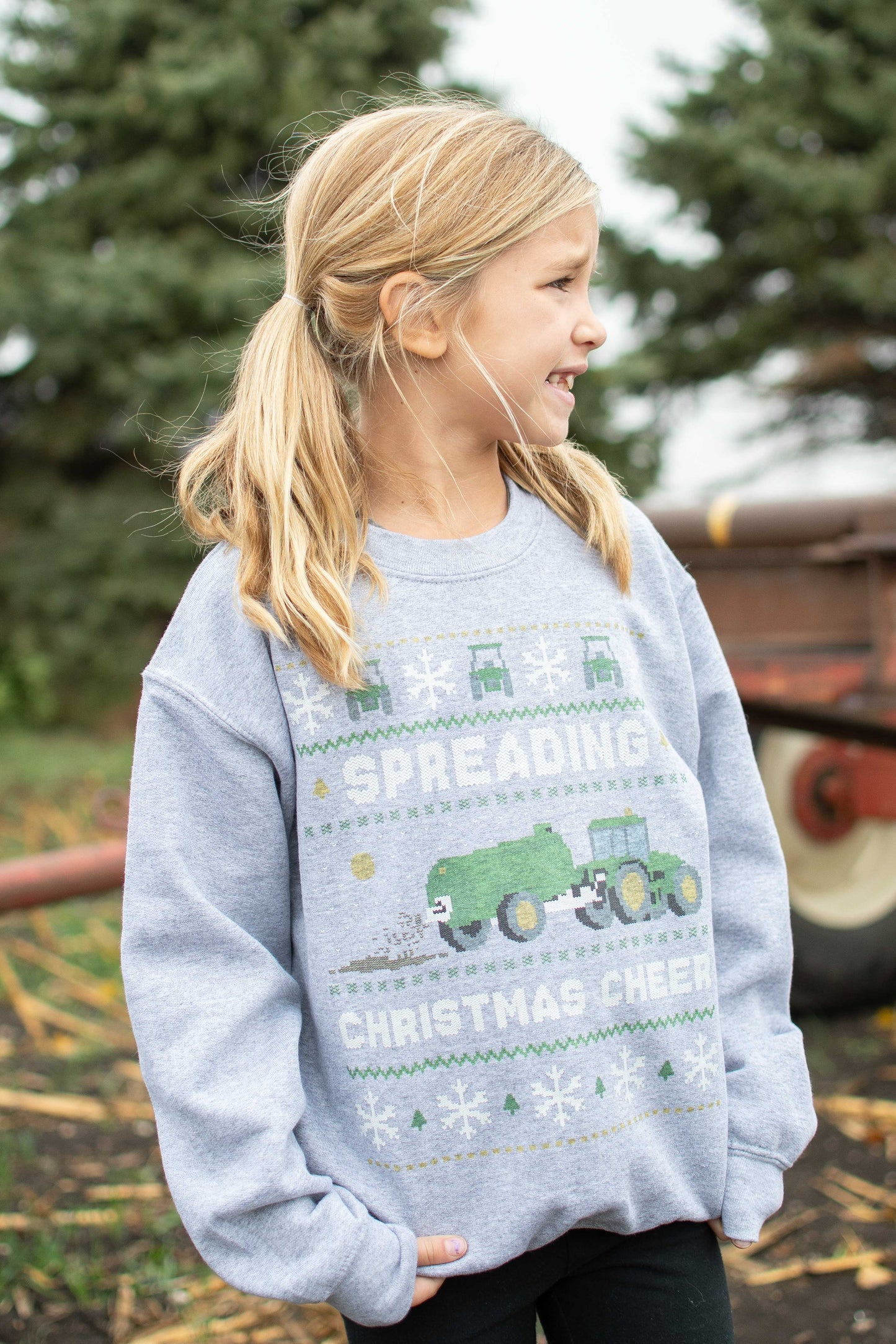 'Spreading Christmas Cheer' Green Tractor Toddler/Youth Crewneck