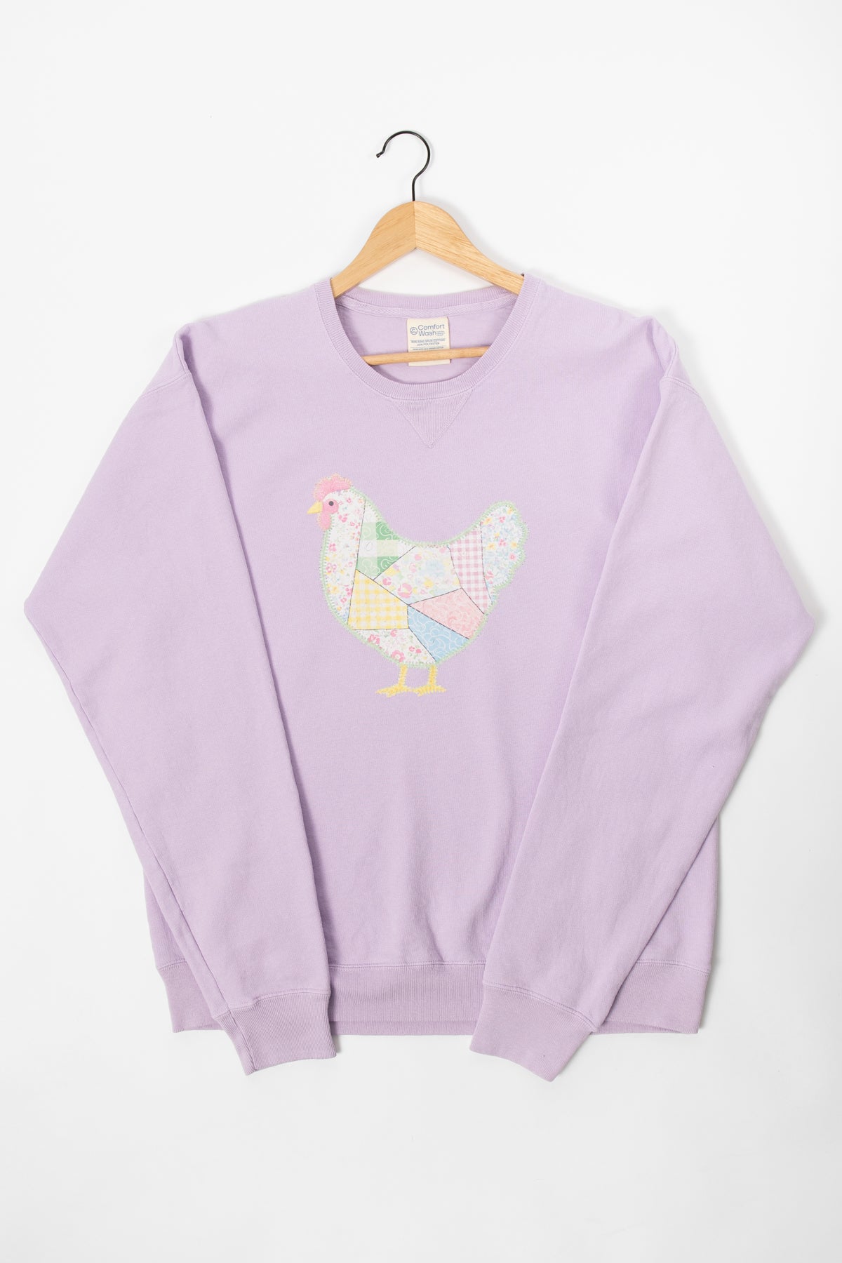 Spring Patchwork Chicken Lavender Crewneck