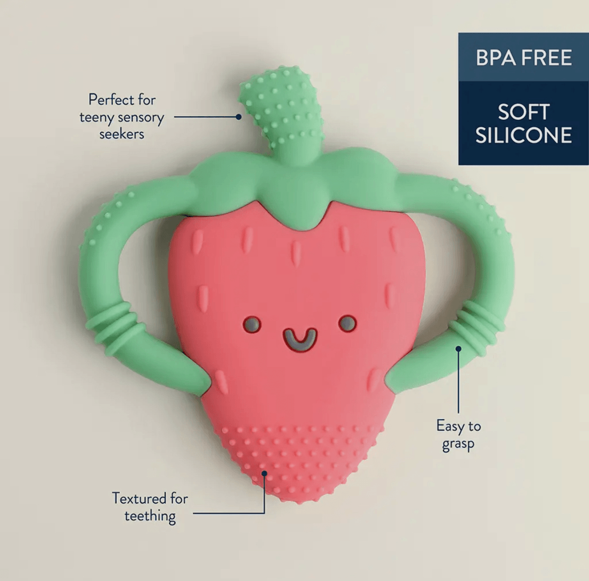 Heritage-inspired soft silicone strawberry teether, tactile grips and smiley face, BPA-free farmstead baby accessory