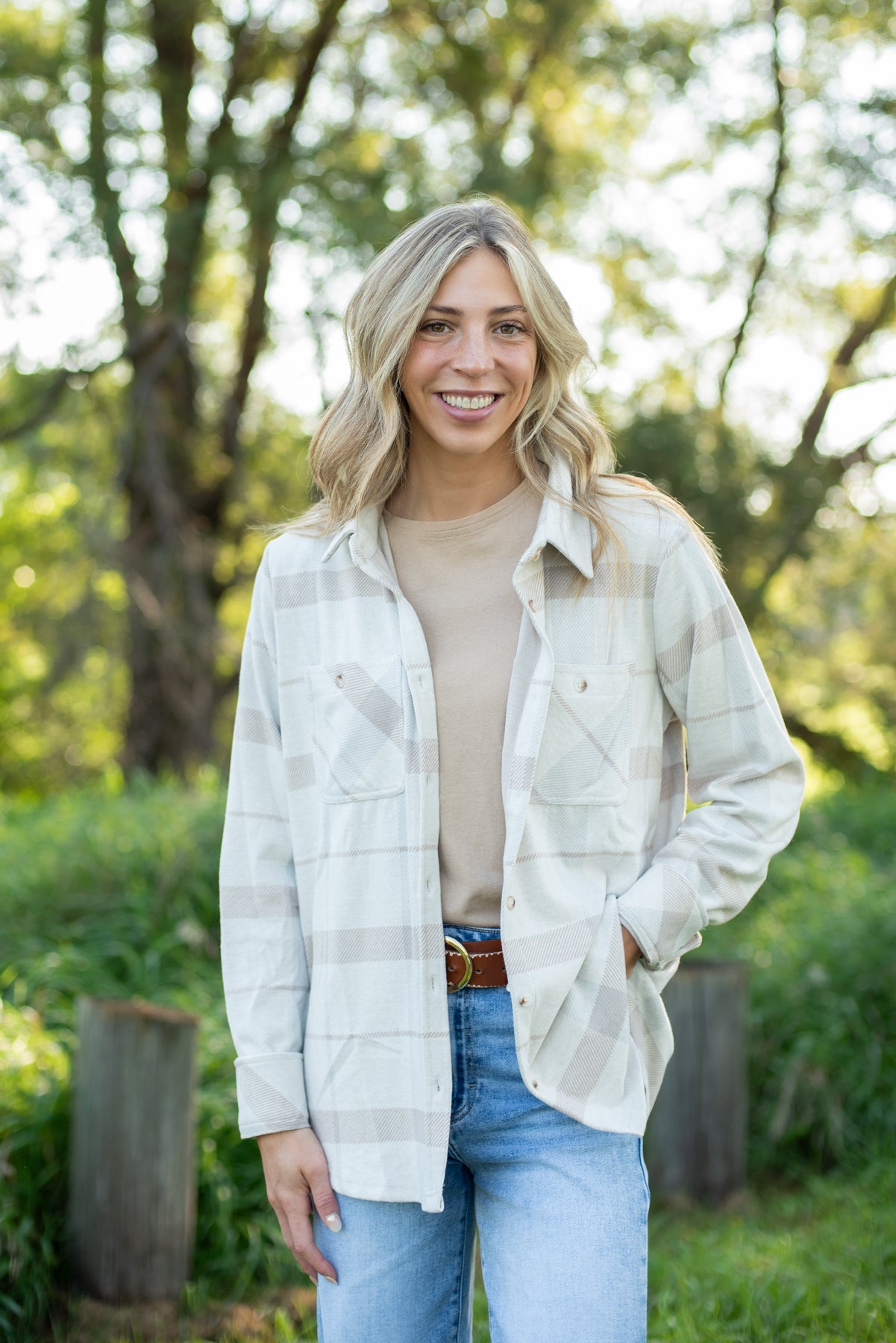 Tan & Lt. Blue Plaid Button Up