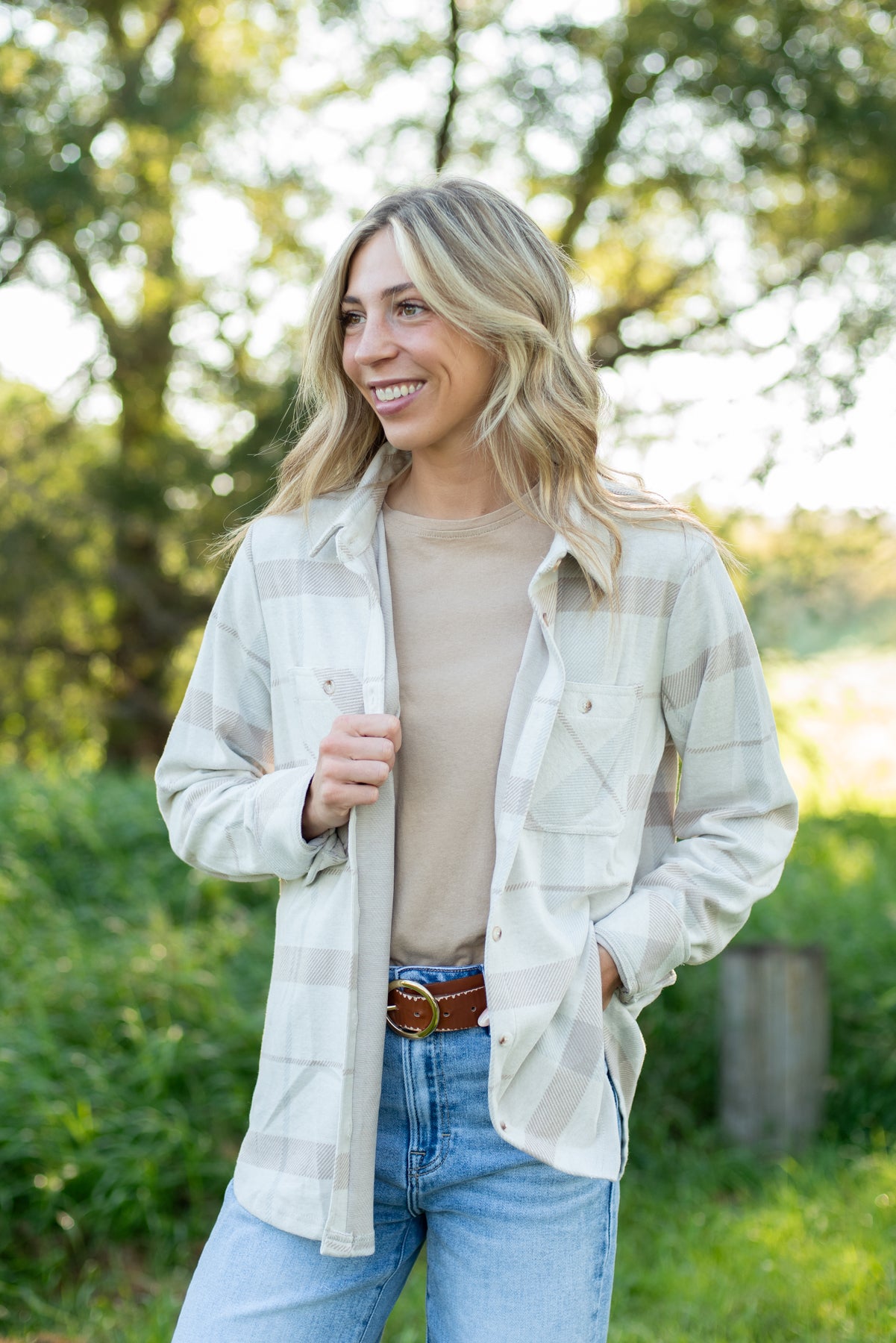 Tan & Lt. Blue Plaid Button Up
