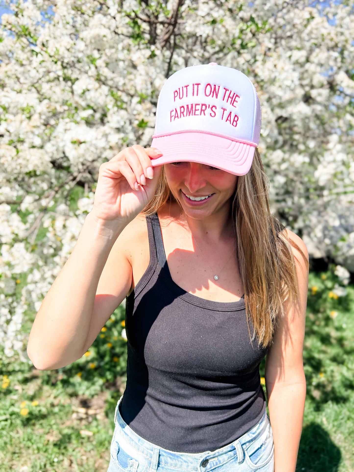 'Put It On The Farmer's Tab' Foam Trucker Hat - Pink/White