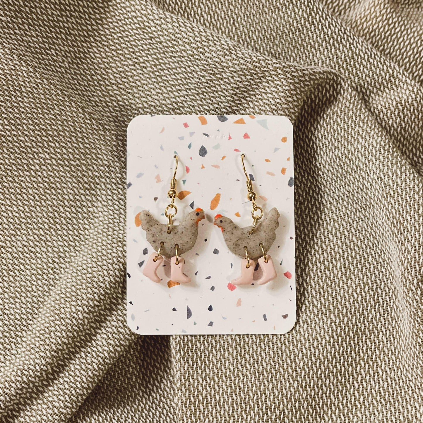Gray Speckle Chickens with Boots Earrings - American Farm Company