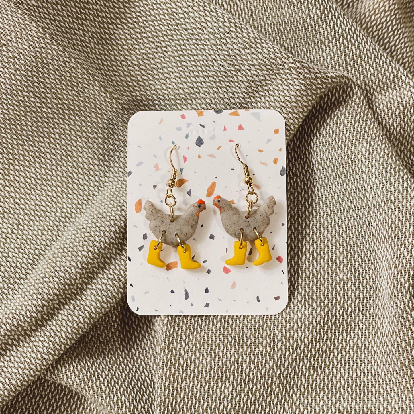 Gray Speckle Chickens with Boots Earrings - American Farm Company