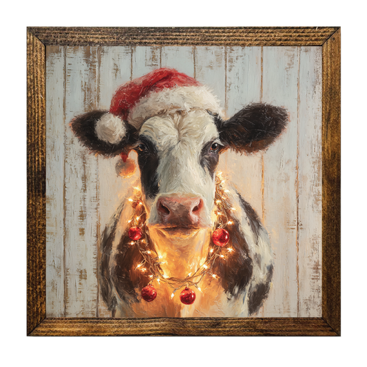 Christmas Cow with Lights Framed Artwork