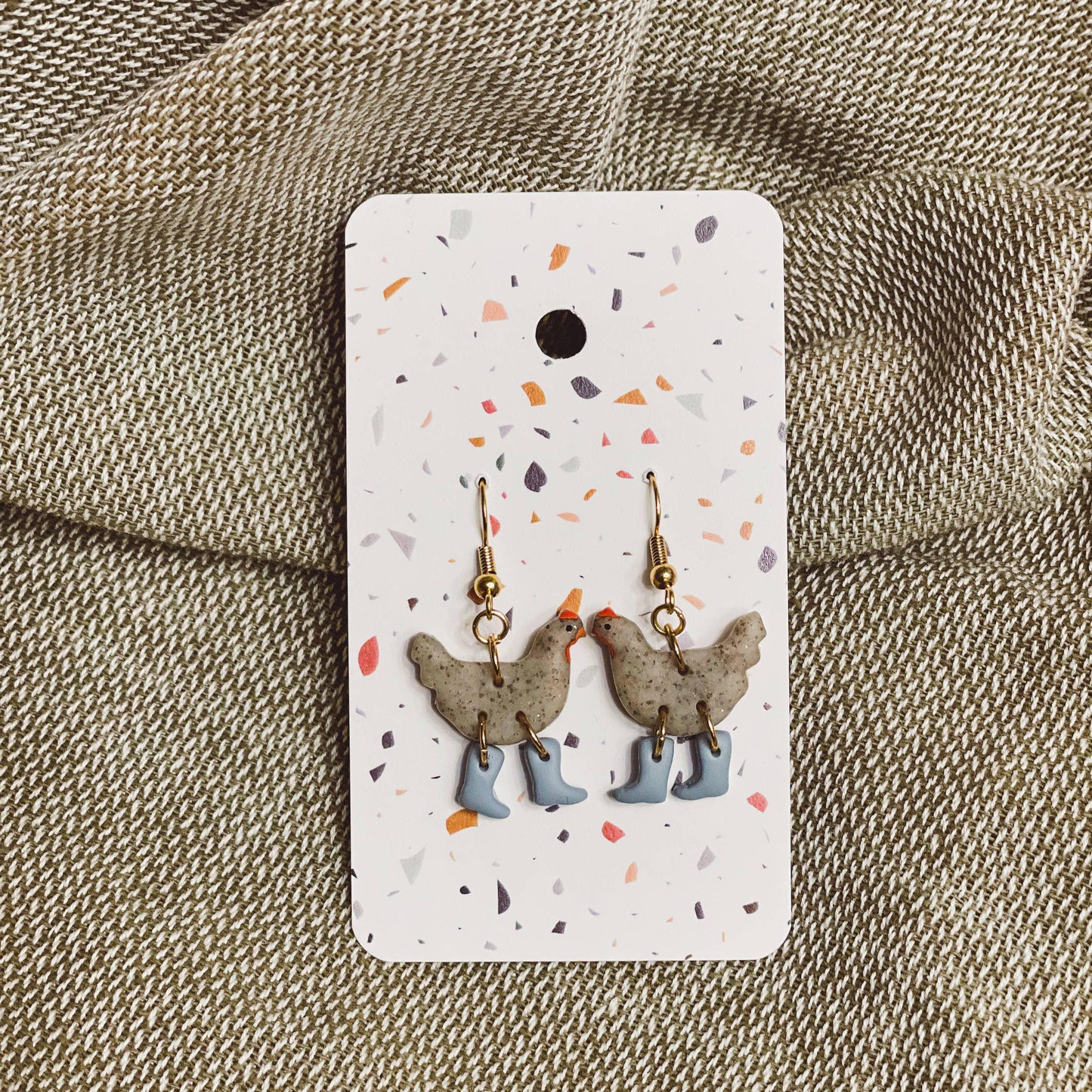 Gray Speckle Chickens with Boots Earrings - American Farm Company