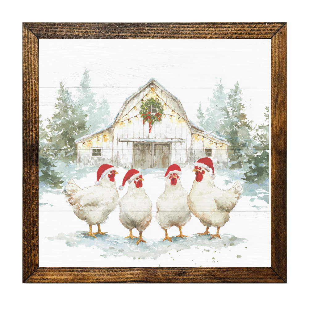 Snowy Christmas Chickens and Barn Framed Artwork