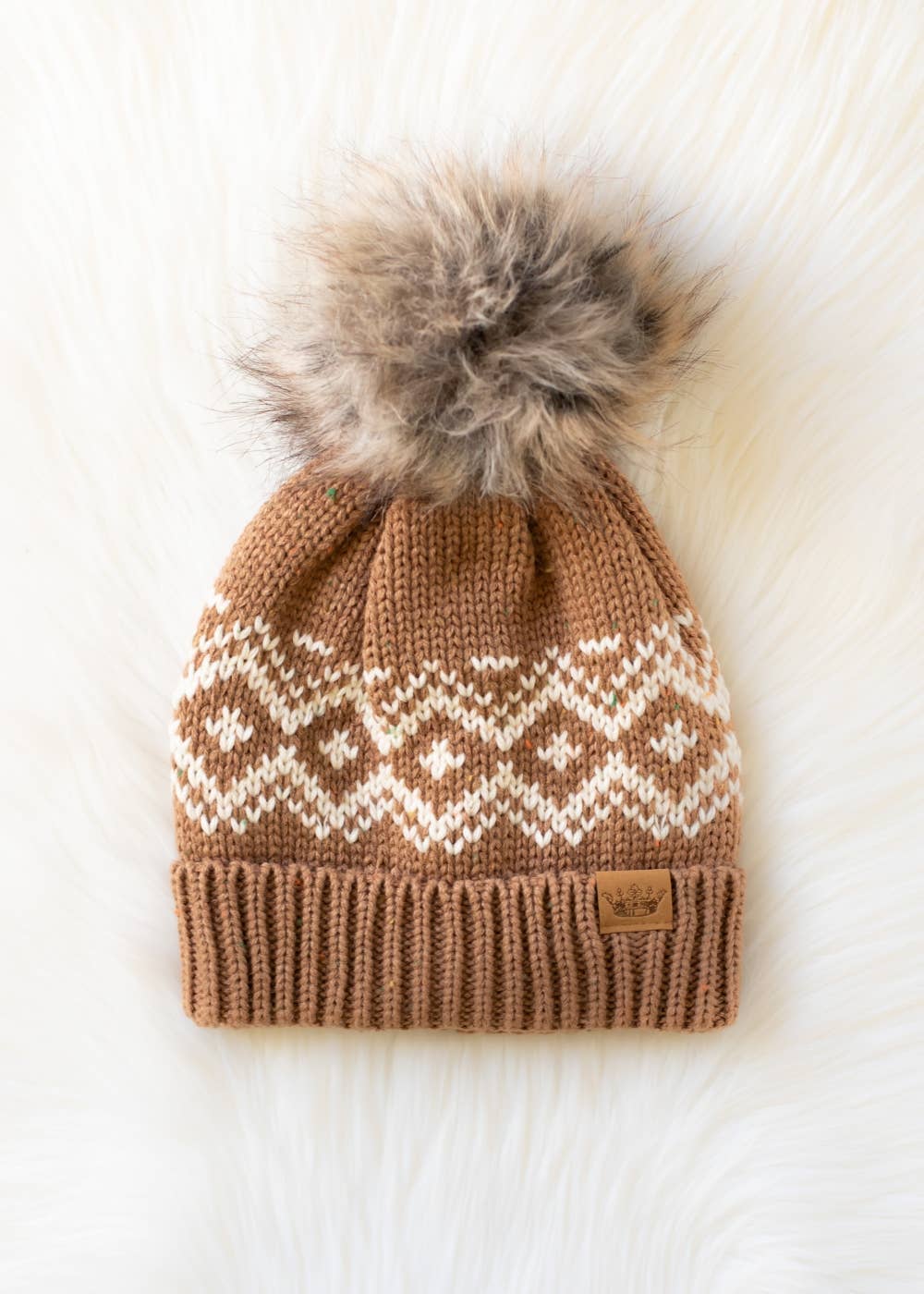 Brown & Cream Patterned Pom Hat