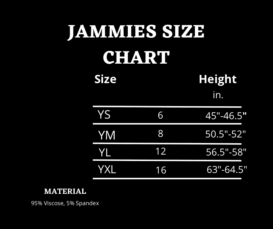 Jammies size chart for American Farm Company kids’ rural apparel, listing youth sizes YS to YXL with height ranges and material composition of 95% viscose, 5% spandex for comfortable heritage-inspired farmstead sleepwear.