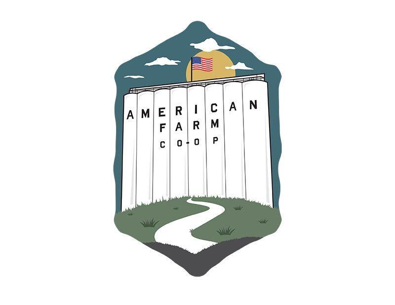 Heritage-style rural graphic featuring white grain silos with 'American Farm Co-Op' lettering, American flag, sunset sky, and country path, reflecting rugged agricultural legacy for American Farm Company apparel.