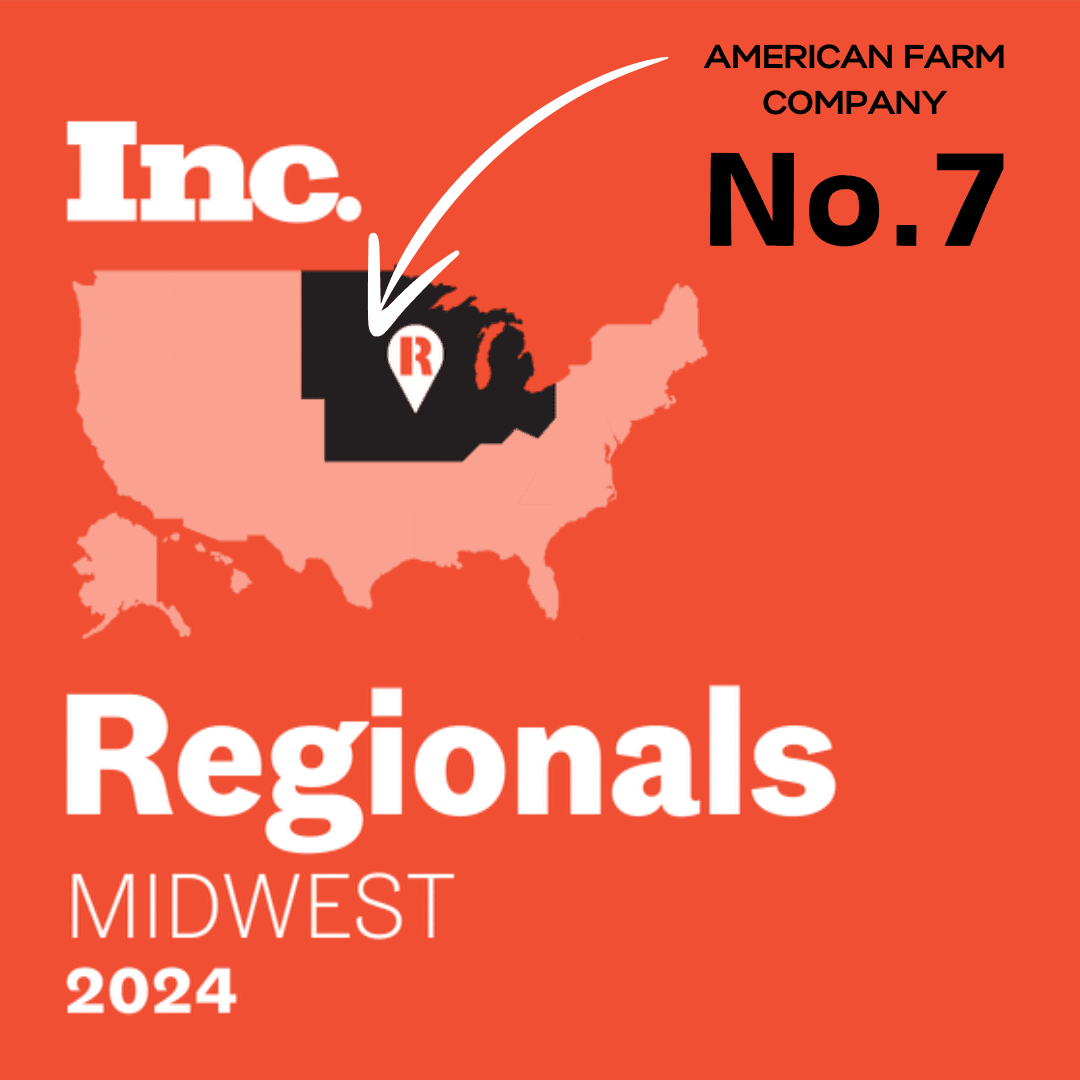 Bold orange graphic showing American Farm Company ranked No. 7 Inc. Regionals Midwest 2024, highlighting agricultural heritage.