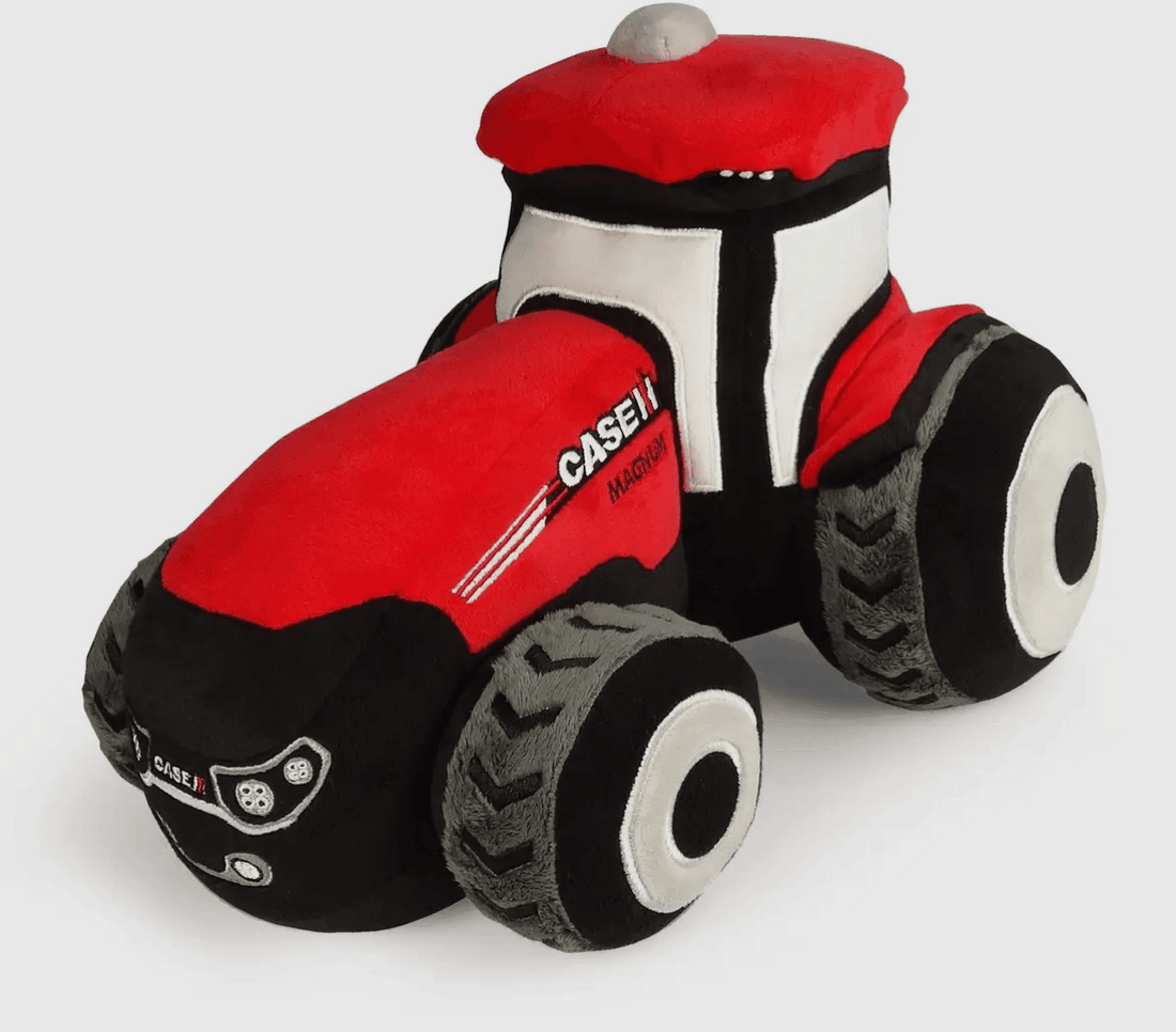 Heritage-inspired plush red and black tractor toy with embroidered Case IH Magnum details, evoking rural legacy for American Farm Company lifestyle collections