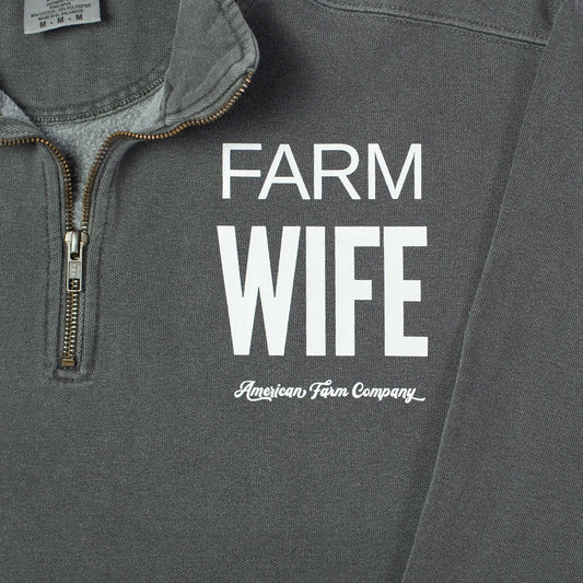 Charcoal heavyweight quarter-zip pullover with bold 'FARM WIFE' white print, rugged heritage rural apparel by American Farm Company