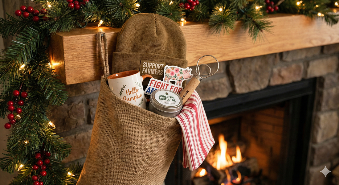 Stocking with heritage-inspired rural gifts—knit beanie, vintage mug, farm-themed stickers, and striped towel—set by a rustic fireplace, representing American Farm Company’s agricultural lifestyle.