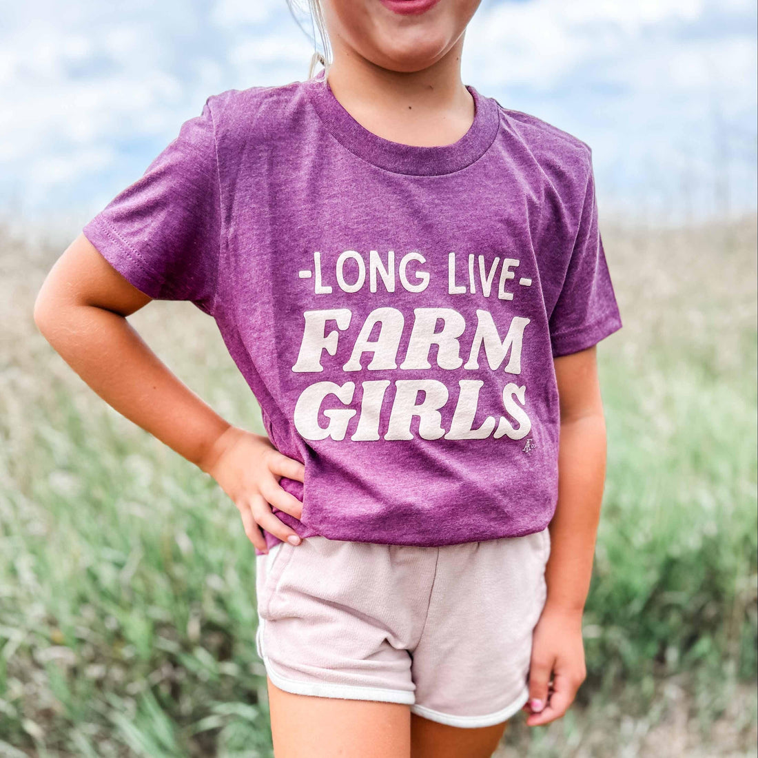 Youth maroon heritage tee in soft cotton, bold 'Long Live Farm Girls' lettering, rural apparel by American Farm Company