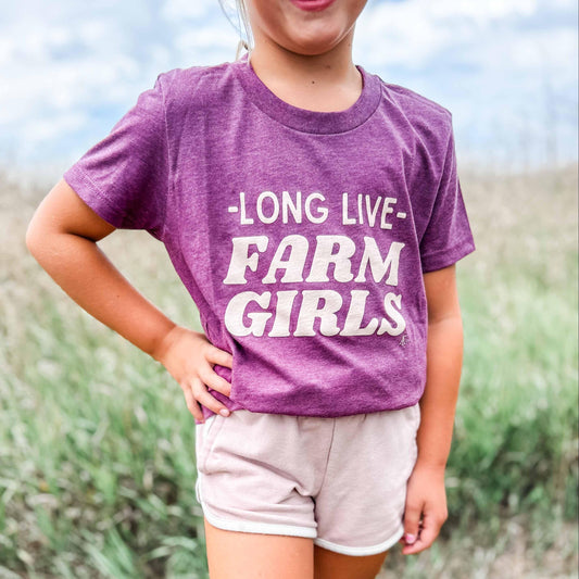 Youth maroon heritage tee in soft cotton, bold 'Long Live Farm Girls' lettering, rural apparel by American Farm Company