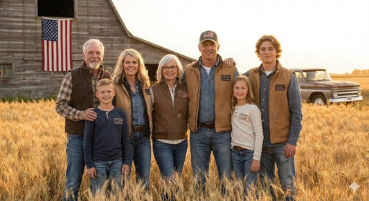 American Farm Company family in heritage brown canvas vests, plaid shirts, and legacy patchwork apparel, standing in a golden wheat field beside a rustic barn with a US flag, embodying rugged rural lifestyle fashion and agricultural workwear.