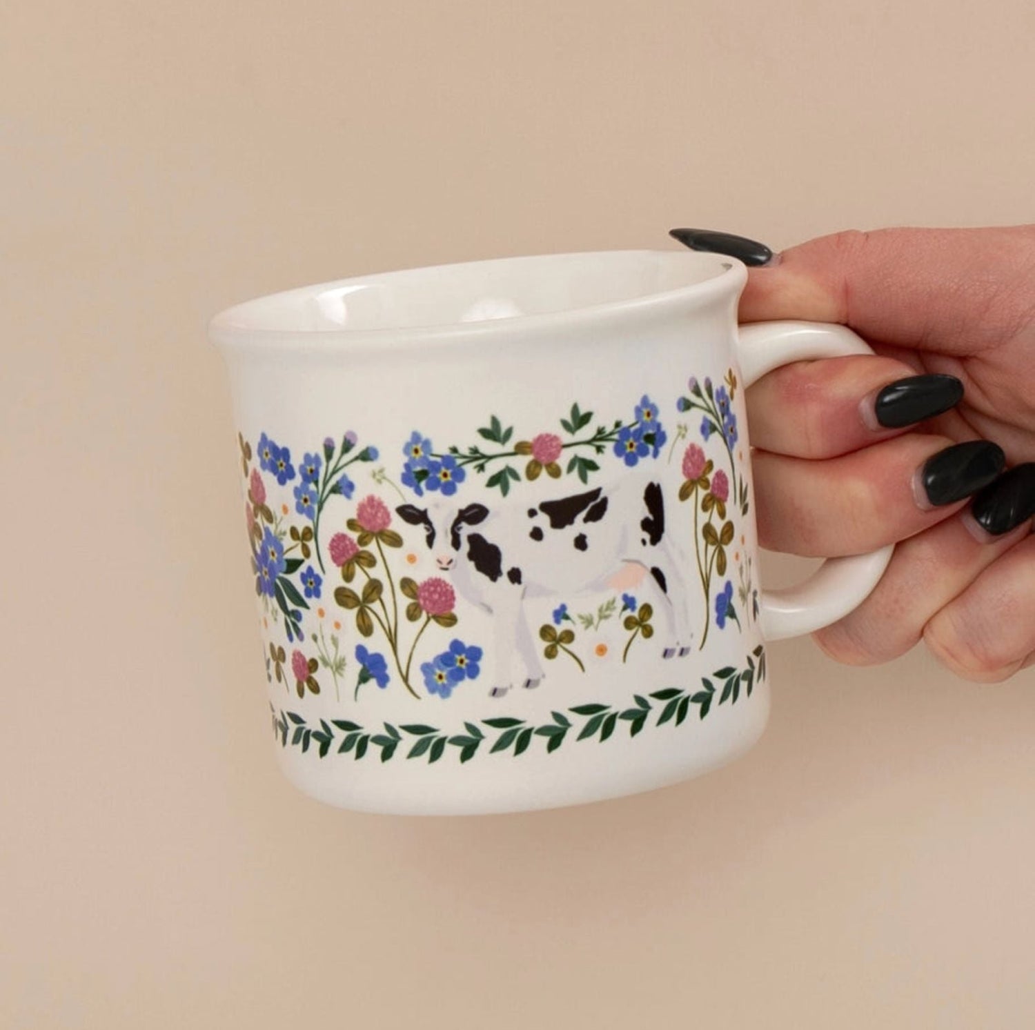 Ceramic mug with heritage cow and wildflower print, farmhouse-inspired rural drinkware by American Farm Company
