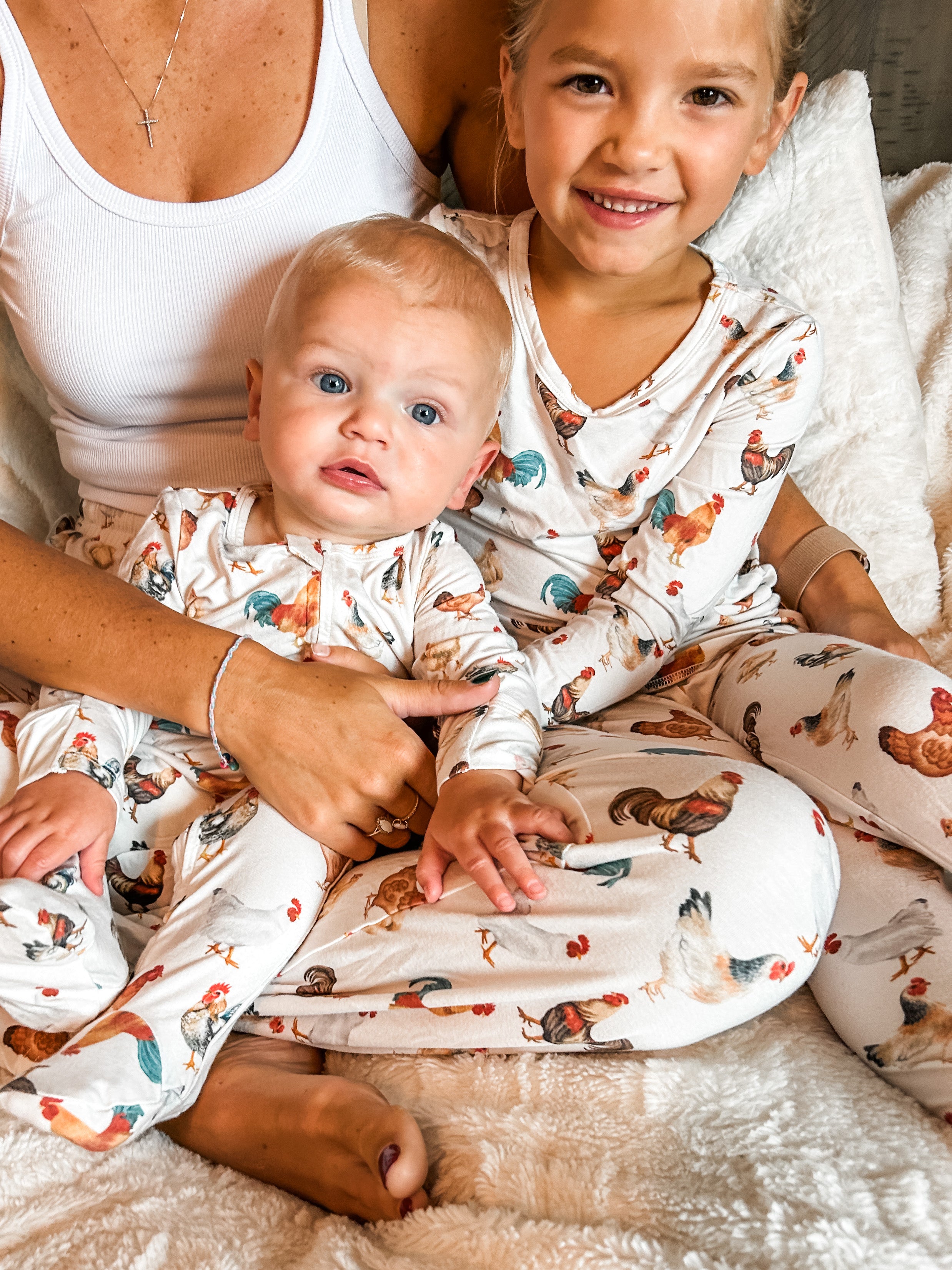 A mom and two kids matching Chicken Adult Pajamas Pants