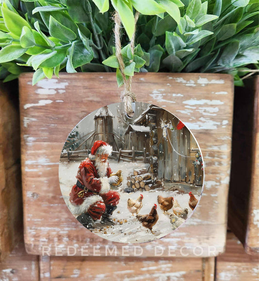 Santa With Chickens Wood Ornament