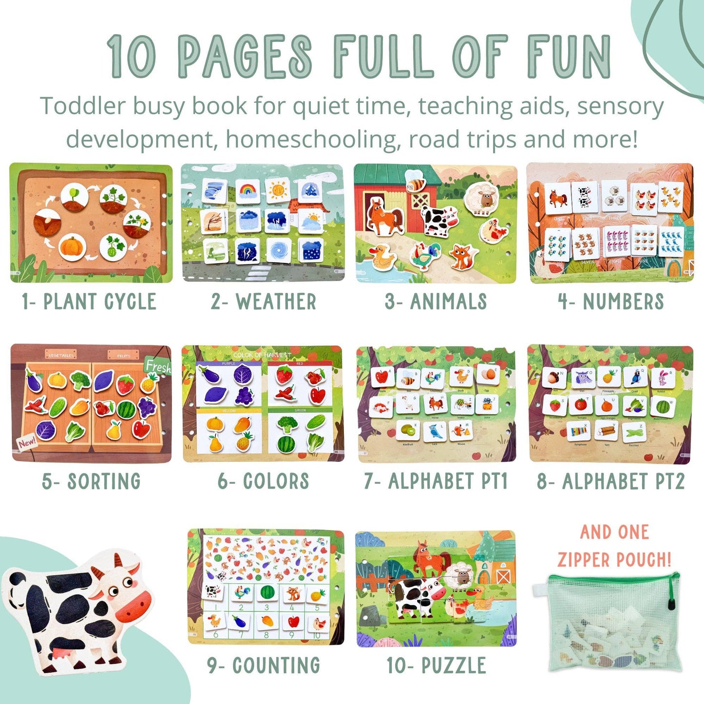 Farm Busy Activity Book for Toddlers w/ Zipper Pouch