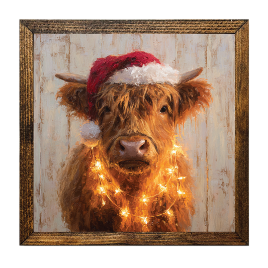 Christmas Highland Cow with Lights Framed Artwork