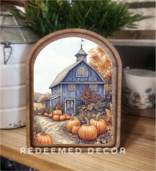 Blue Fall Barn Arch Top Framed Art