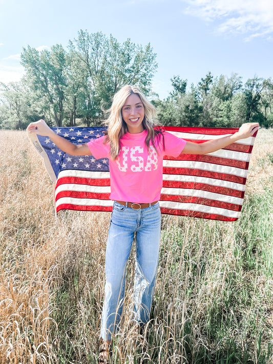 Distressed 'USA' Neon Pink Tee