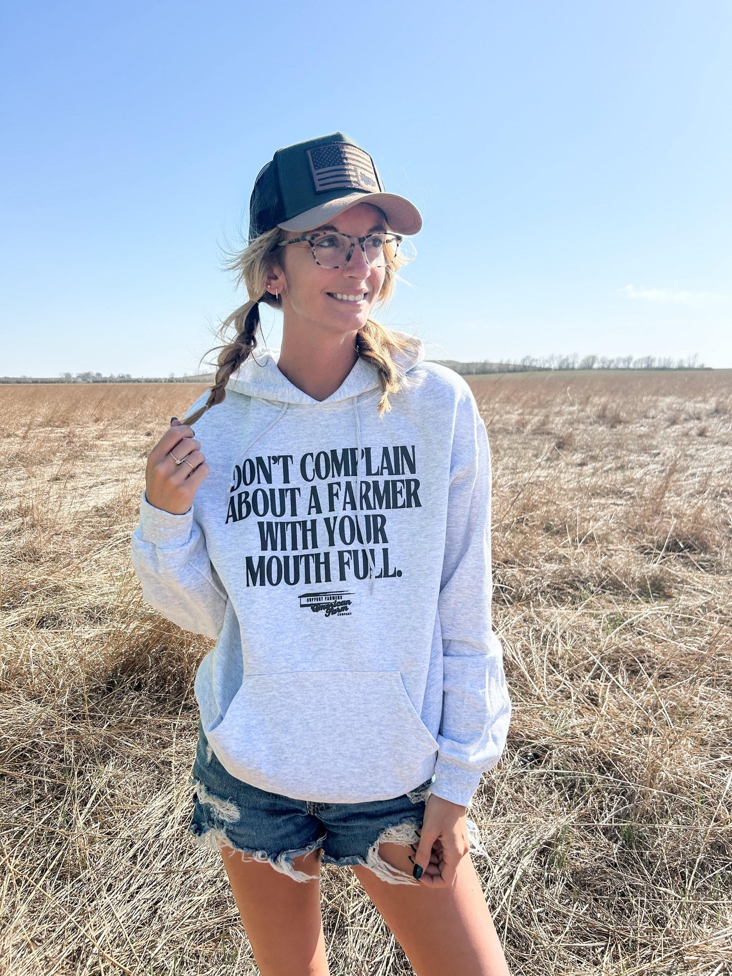 'Don't Complain about a Farmer with your Mouth Full' Ash Grey Hoodie