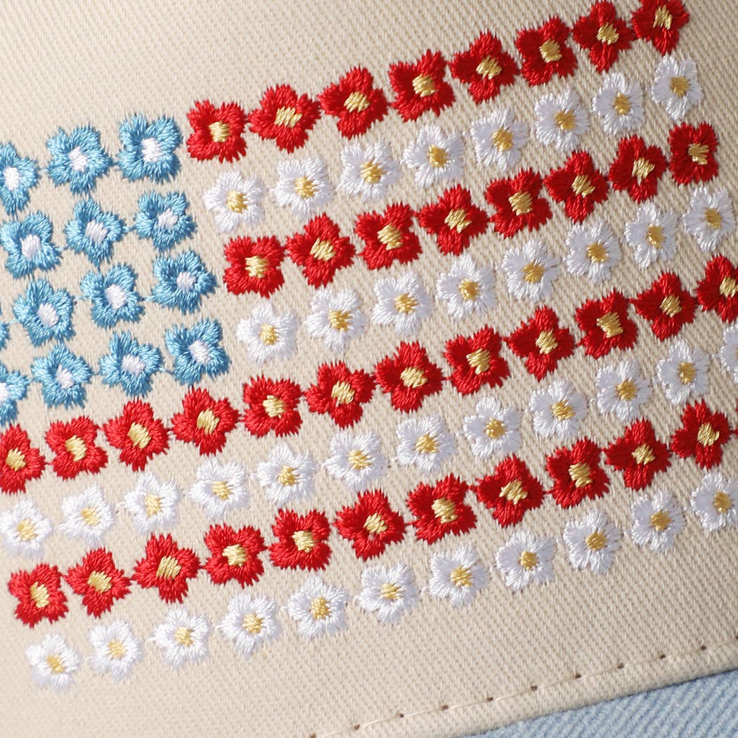 Floral American Flag Embroidered Denim Trucker Hat