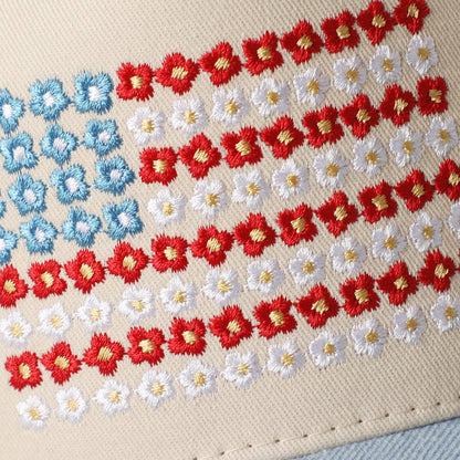 Floral American Flag Embroidered Denim Trucker Hat