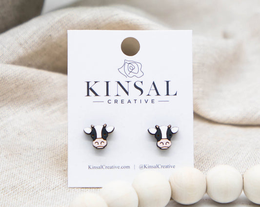 Cow  Face Wood Stud Earrings