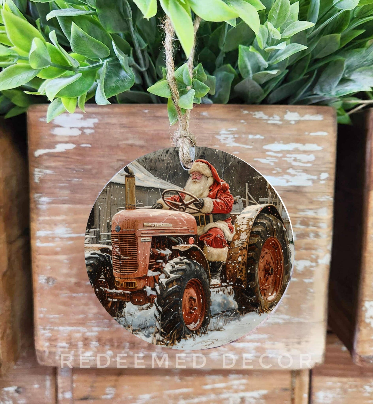 Tractor Santa Wood Ornament