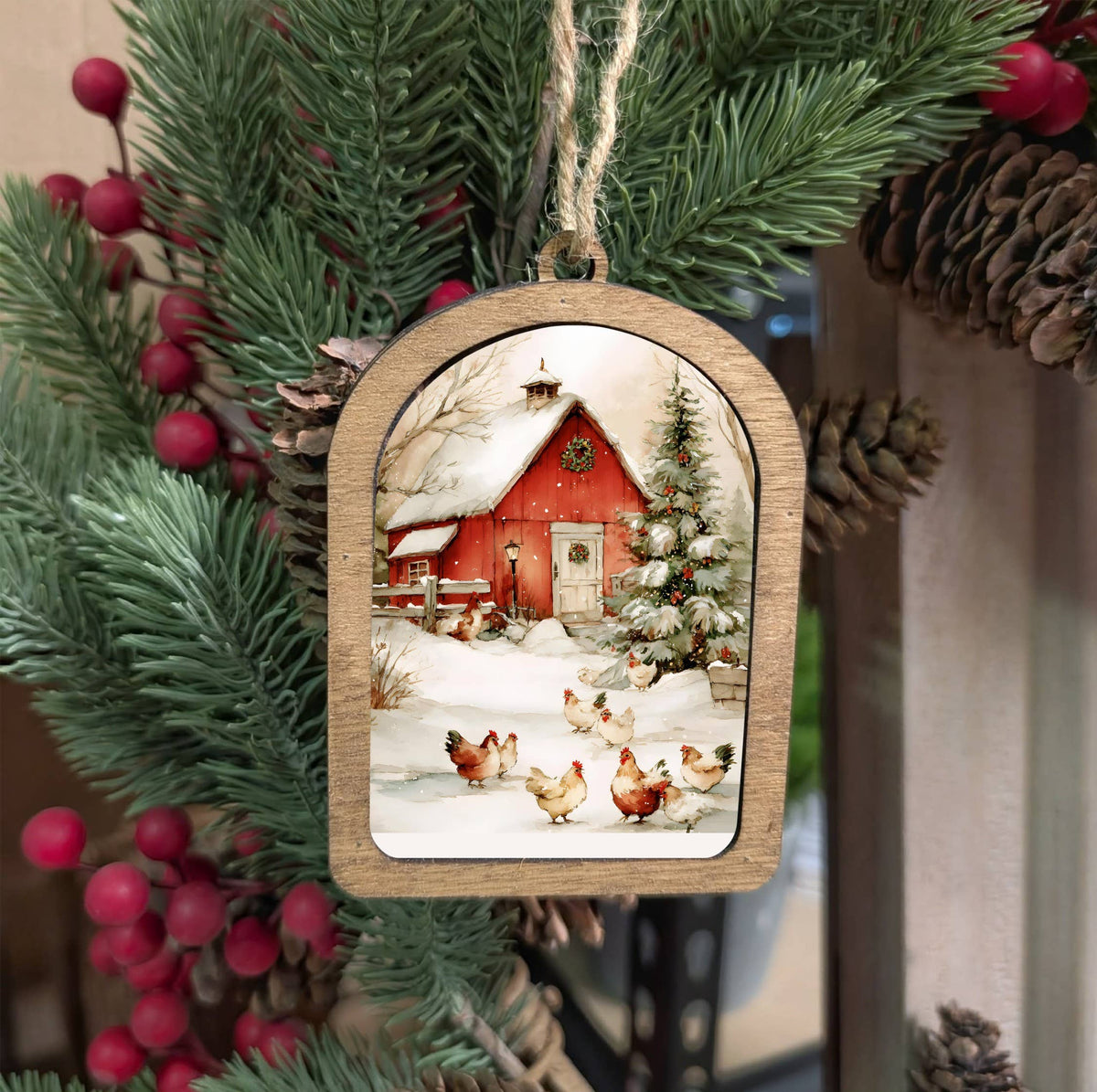 Cozy Christmas Chickens Canvas Arch Ornament