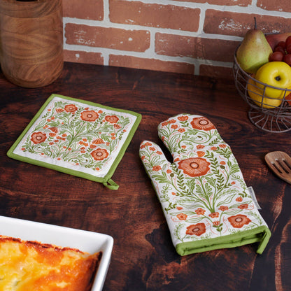 Poppies Folk Art Kitchen Hot Pad & Over Mitt Set
