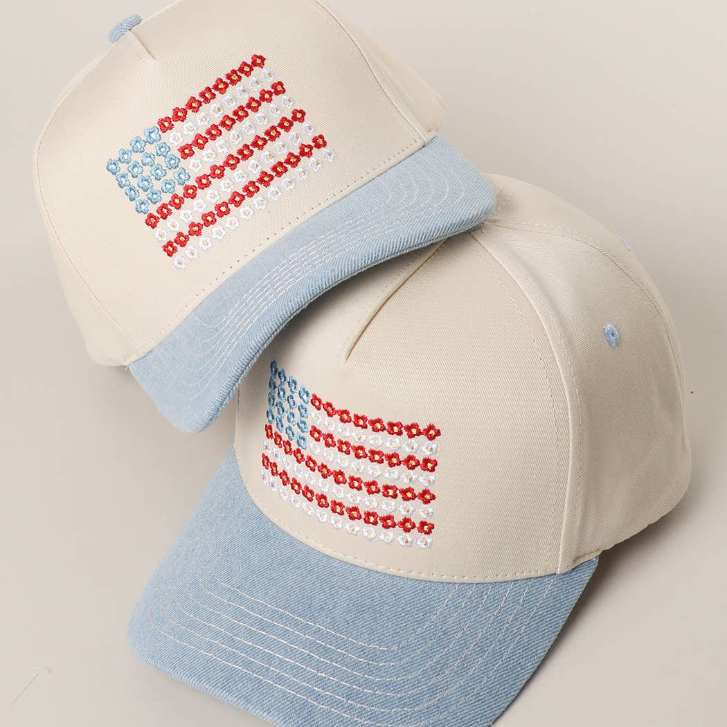 Floral American Flag Embroidered Denim Trucker Hat