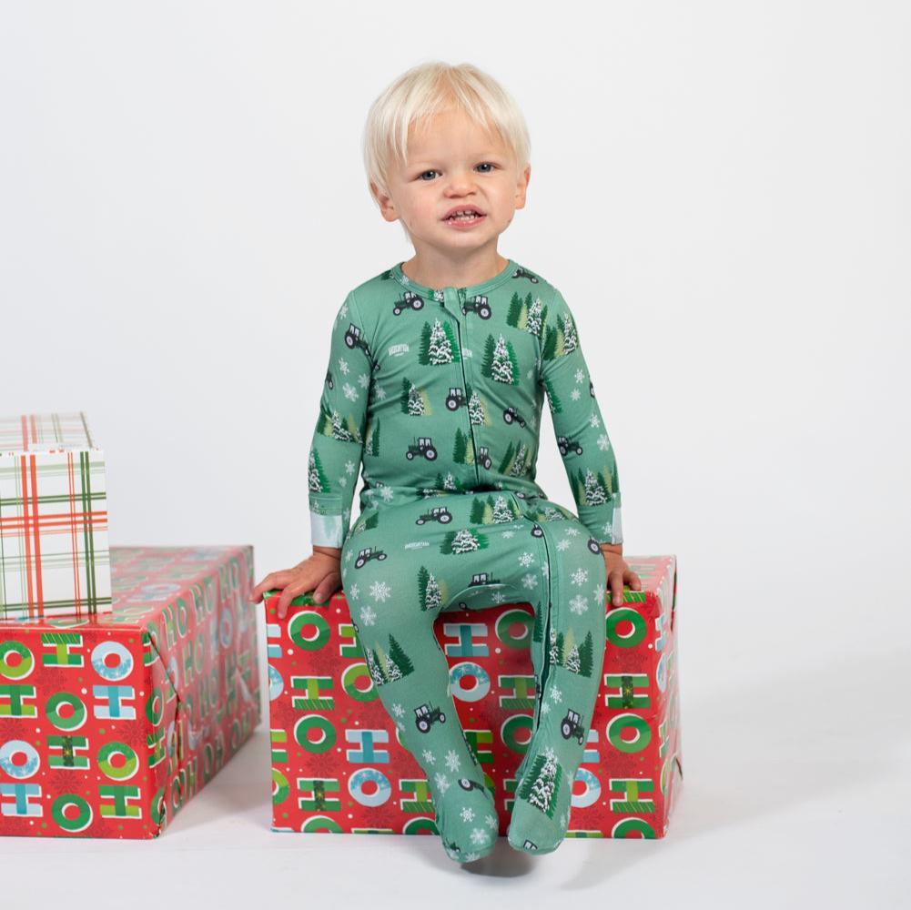 Green Tractor Christmas Baby Bamboo Pajamas - American Farm Company