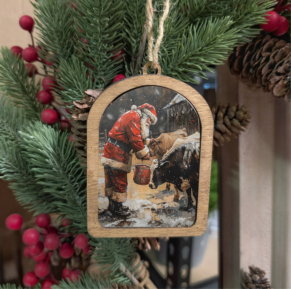 Santa With Cows Canvas Arch Ornament